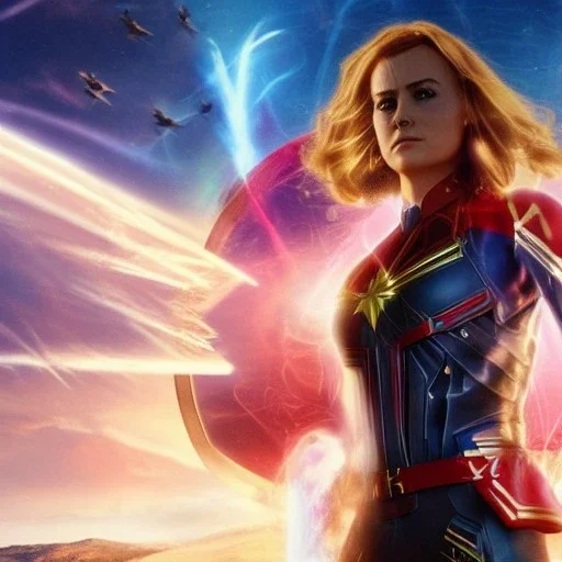 Captain Marvel,flying in the sky, hair on fire, realistic, vibrant colors, Kate beckinsale's face, long hair, gold angel wings, full body, in space, muscular, hyperrealistic, airplane, cyclops, elephant