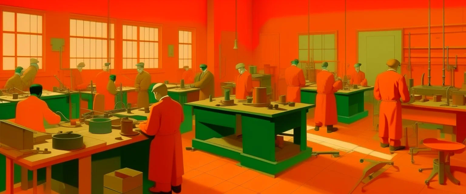 A salmon orange colored workshop with machines painted by Lyonel Charles Feininger