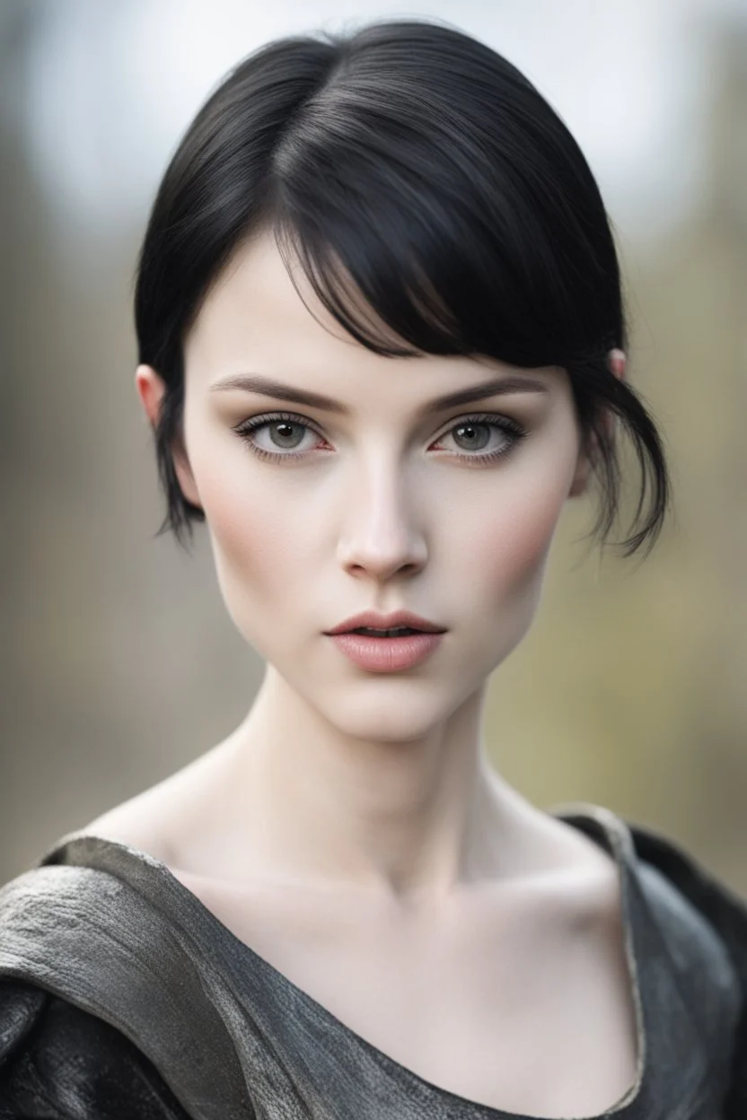 Scandinavian medieval woman with black short hair, pale skin, pretty lips, fit