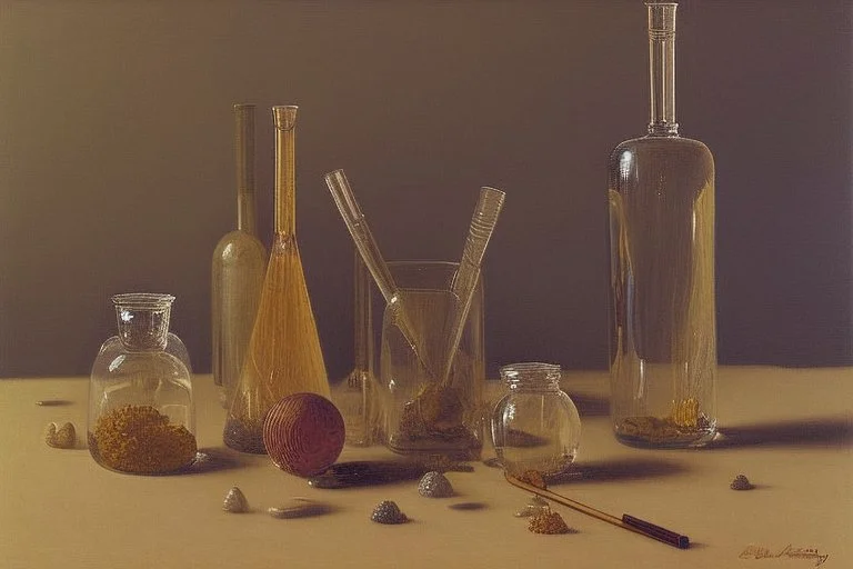 A still life with glass bottles and a glass vase in sand dunes by Giorgio Morandi