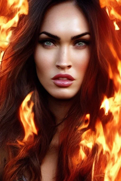 Perfect face megan fox, warrior clothes, highly detailed face, highly realistic, dog, fire, particles