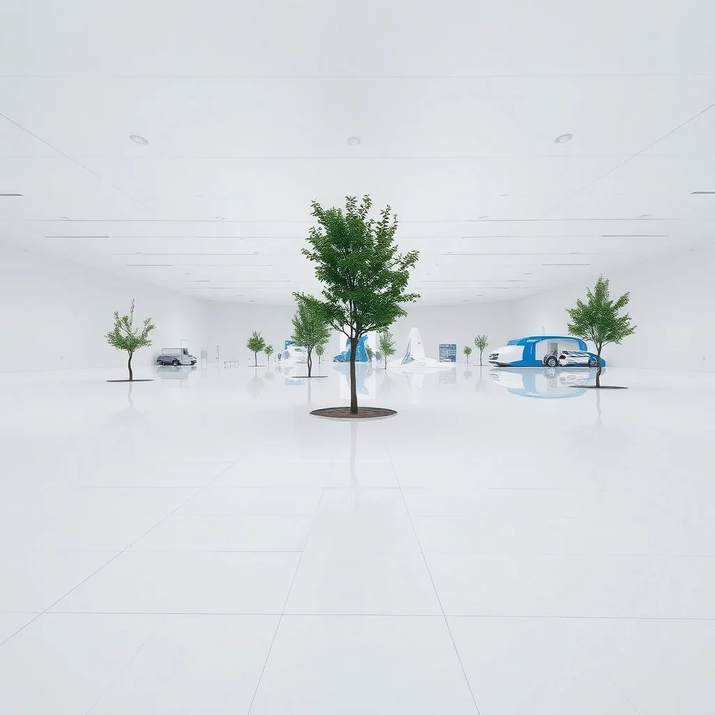 A photo of a vast white open space with a glossy finish. The floor is made of white tiles. There are trees in the middle ground. In the background, there are white and blue structures. The atmosphere is eerie. The aspect ratio of the photo is 85:128, and the exposure value is 8.