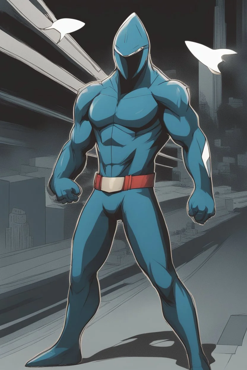 A superhero suit with a sleek and powerful, with a shark-inspired design. It would have a dark blue colour scheme, sharp lines, and a fin-like cape, representing his strength and determination.