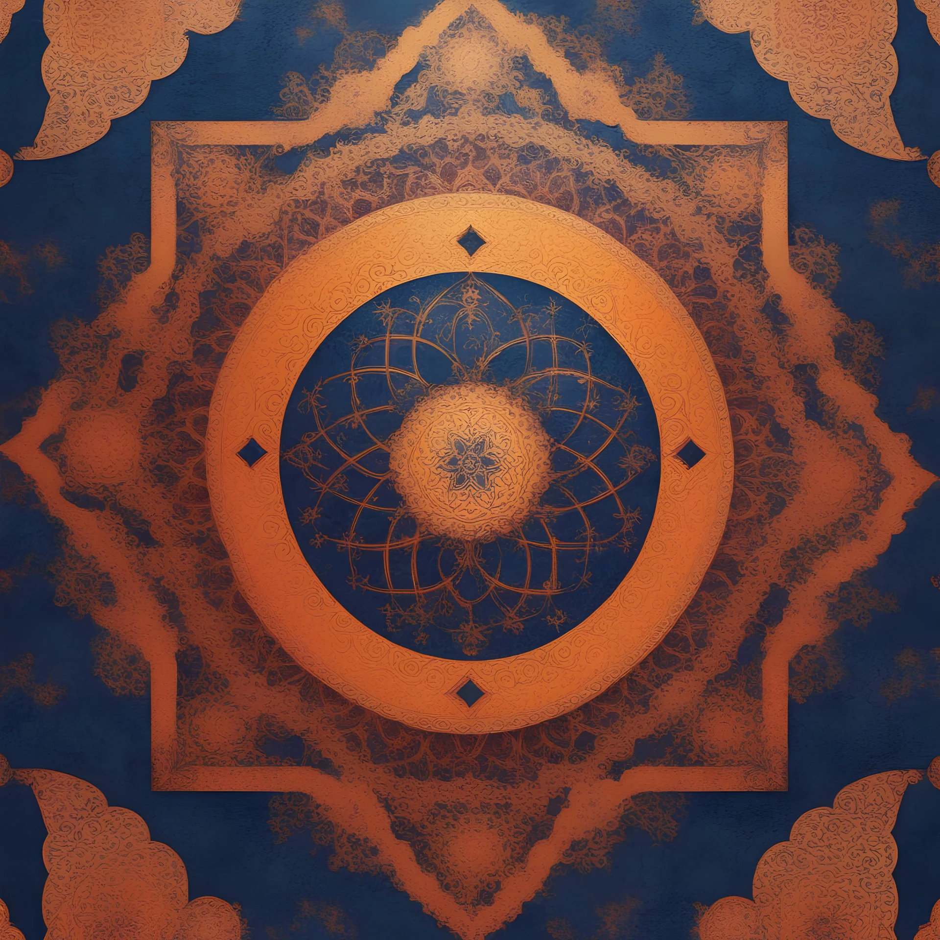 Hyper Realistic Sufi Whirling with golden & Maroon, Islamic Sufi Rustic Grungy orange Islamic pattern & navy-blue fog