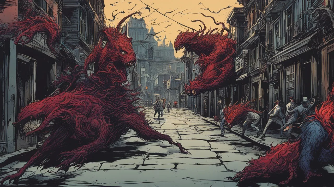 Creatures from 'Fiend without a face' chasing a woman down a street, detailed design, deep colour