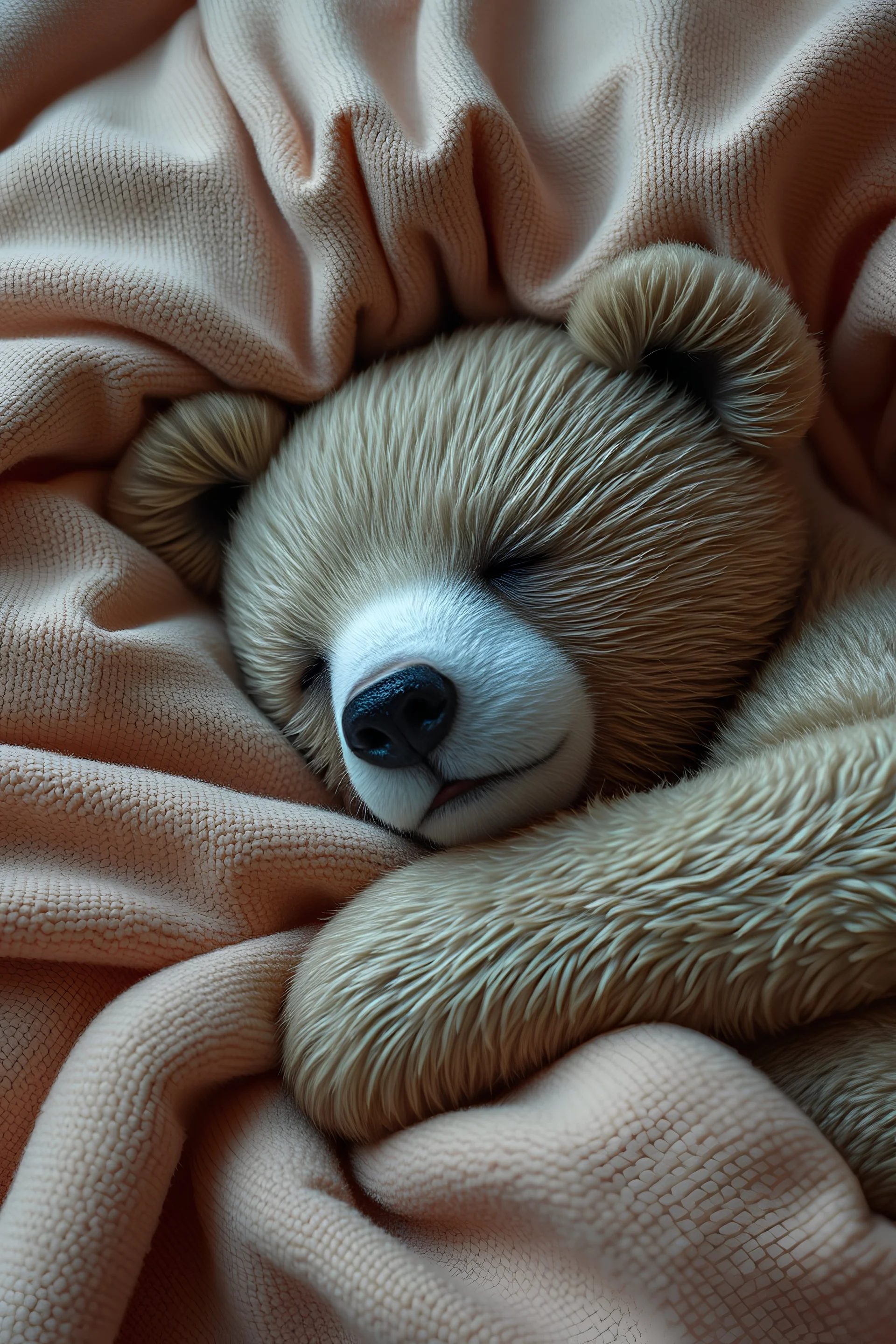 realistic sleeping bear, like a photo, sweet dreams, calm, realistic, as in image on a sleeping blanket