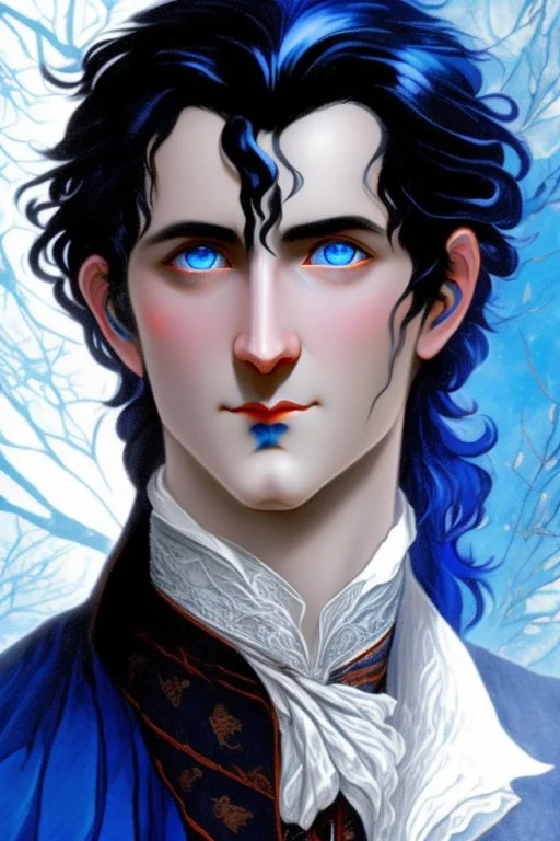 young black haired blue eyed wizard in the style of goethe