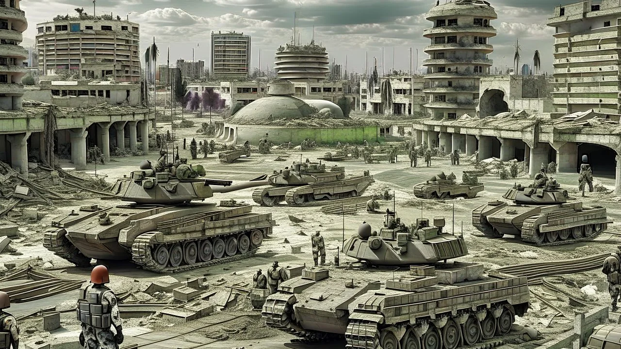 Israeli soldiers and tanks stand on a very large chessboard in the middle of a destroyed city