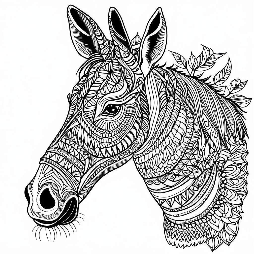 donkey, realistic, coloring page, Animal, mandala, only draw lines, coloring book, clean line art, wildlife-inspired, kid style, –no sketch, color, –ar 3:4, white background, minimalistic black lines, 8k, minimal black color, low level black colors, coloring page, use pure black and white colors, avoid thick black colors, thin black line art, avoid colors, perfect shape, perfect clear lines, clear edges, fill total edges, exact perfect edges, not use black colors, dont use black colors