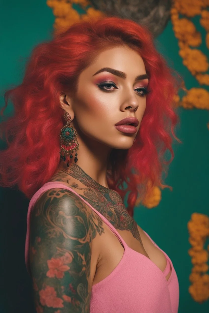 Beautiful Arab woman, petite, short, big eyes and lips, vibrant color, neck tattoo and full sleeves tattoo. , thin, tattoos connected, Full coverage chest tatoo, tattoo style complex and colorful and large drawings Fujifilm xt3 by (petra collins|roe ethridge, elllen von unwerth, Jan Saudek)