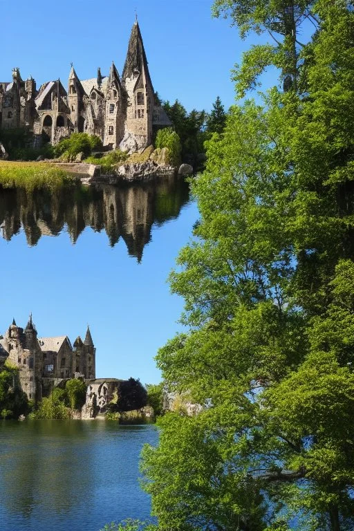 medieval gothic house built into a rock, lake, trees, arches, balconies, bridges, verandas, foliage, sunny blue sky