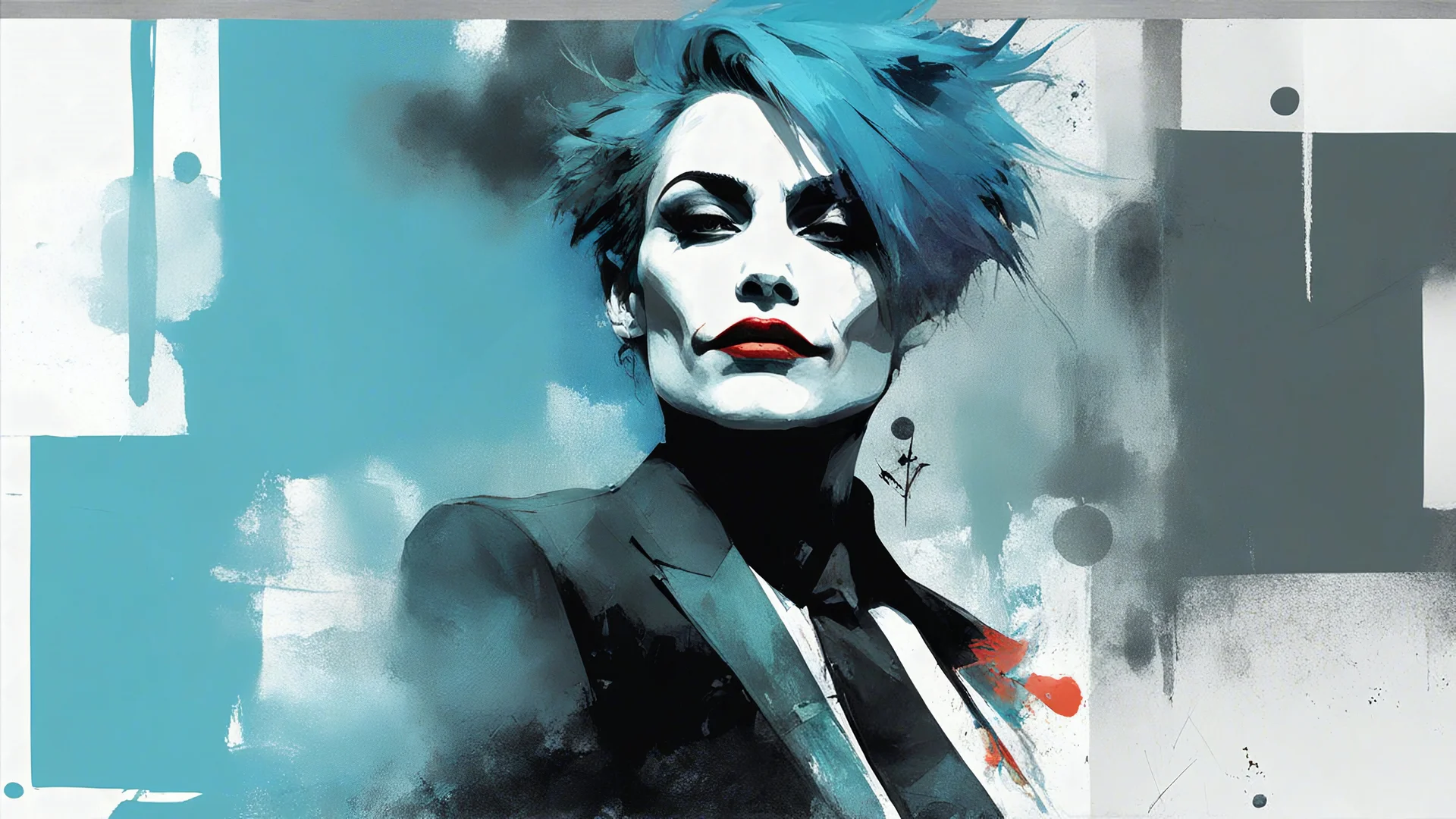 aesthetic, painterly style, modern ink, joker, blue, blue hair, sensual, sultry, dark blouse, expressive pose, urbanpunk, abstract texture multilayer background, neo-expressionist , Russ Mills, Ian Miller