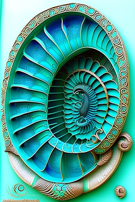 Turquoise arches and blue gates in a vertical Nautilus shell by artist "Old Poppycock"