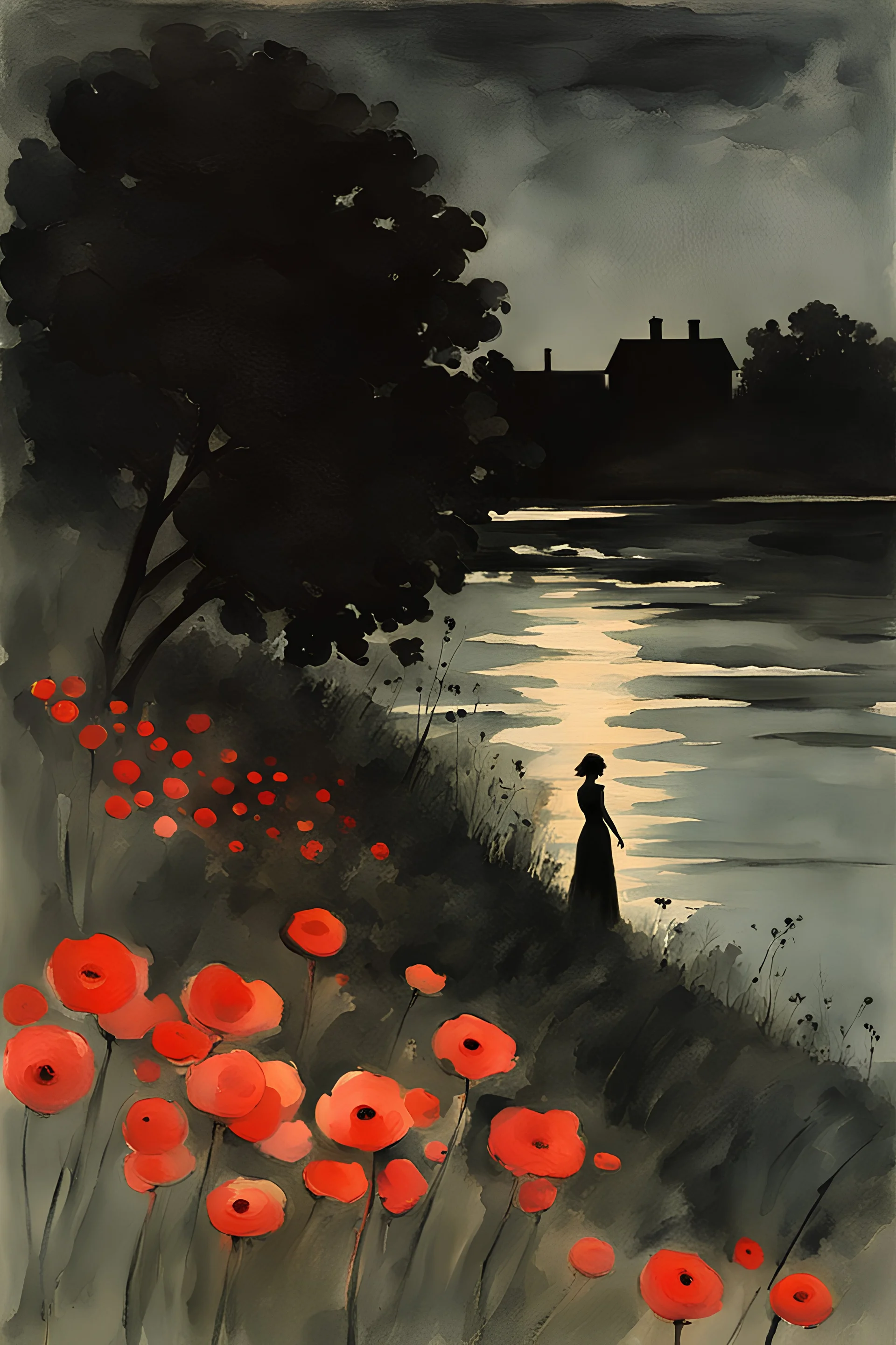 Night, one woman, distant house, red flowers, river, gothic horror films influence, winslow homer watercolor paintings