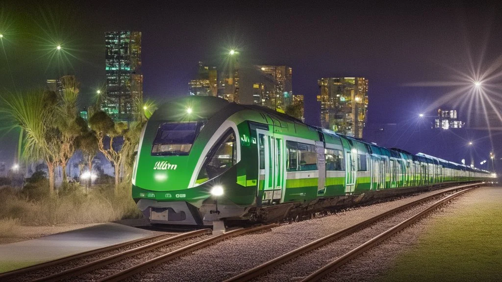 transperth c series train with perth at night in the background