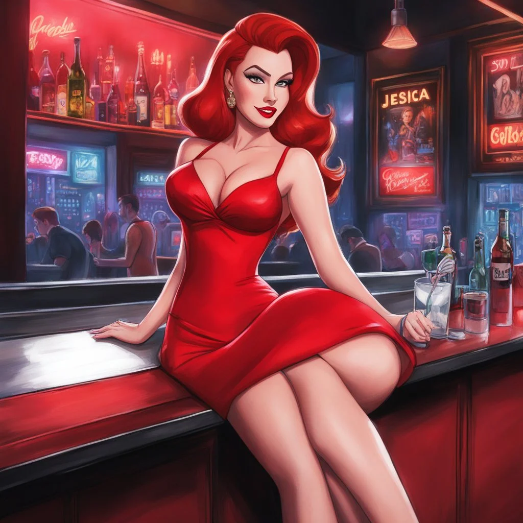[mixing drawing with photo] Jessica Rabbit with her iconic red dress in drawing, in a realistic high res photo of a nightclub [the nightclub is a real photo, Jessica is a drawing] she sits on the counter