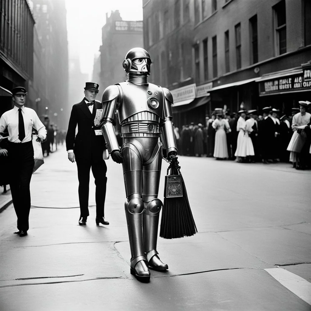 black and white photo by Helmut Newton: C3PO with a gorgeous Charleston brunette vintage photo 1923 in the streets of Manhattan after the premiere of a movie, a vintage style policeman is around, wide angle on the old street