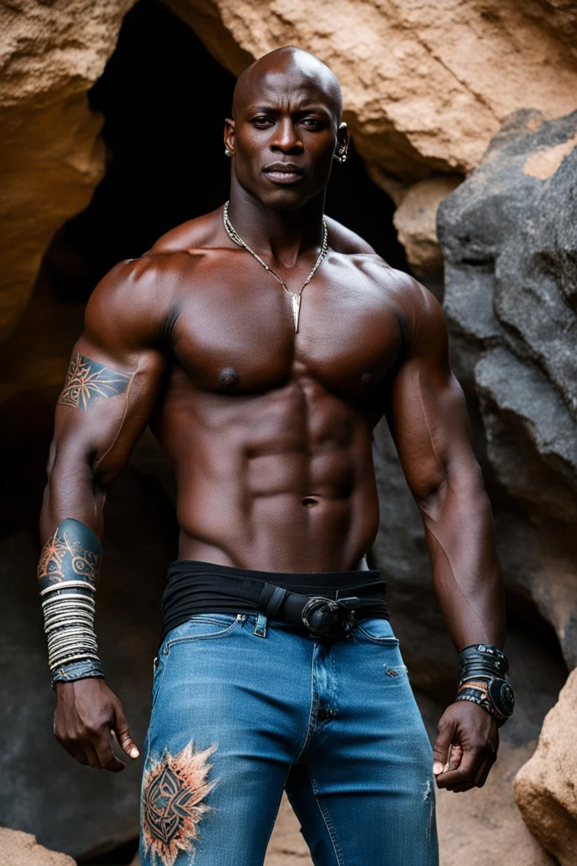 Alimi Ballard as very muscular male. bald with tribal tattoos wearing jeans and a teeshirt outside a cave