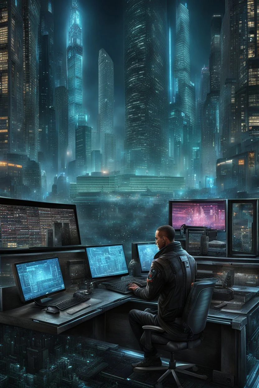 cyberpunk programmer black_Cat-human hybrid_Typing_on_computer_background binary codes, surrounded_by_mindent_3D_binary matrix codes and neutron mesh_etheral, Paranoid_sci-fi_in background_a_tall_cyberpunk_city, the cat hacker watchings monitor, Hyperrealistic texture, high detail, Sinister, cold dynamic lighting, dark-neon colors, Ultra_HD_intense_focus