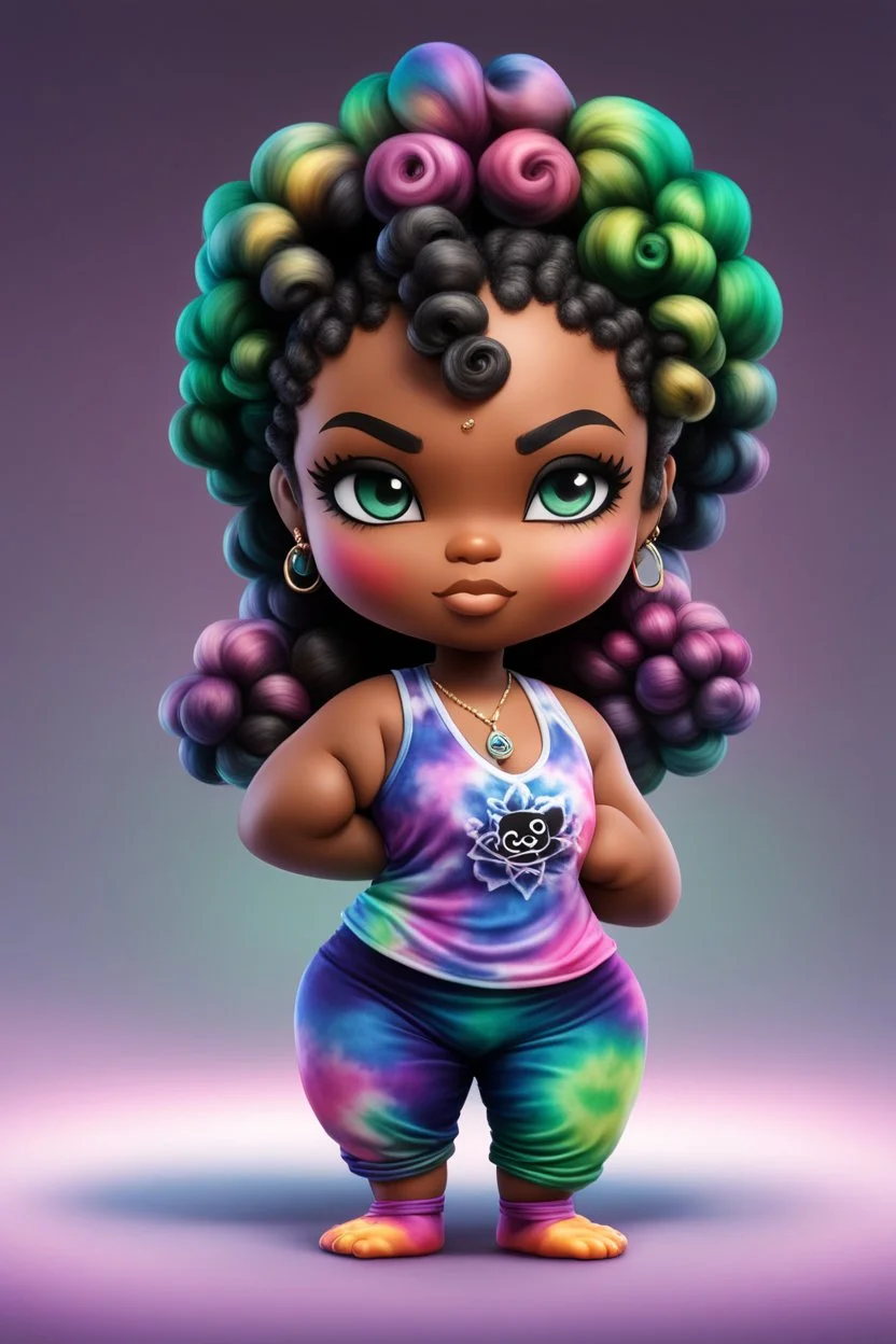 Create an airbrush image of a chibi black plus size female wearing a tie dye yoga outfit. Prominent make up with hazel eyes. Highly detail ombre Bantu knots. 2k