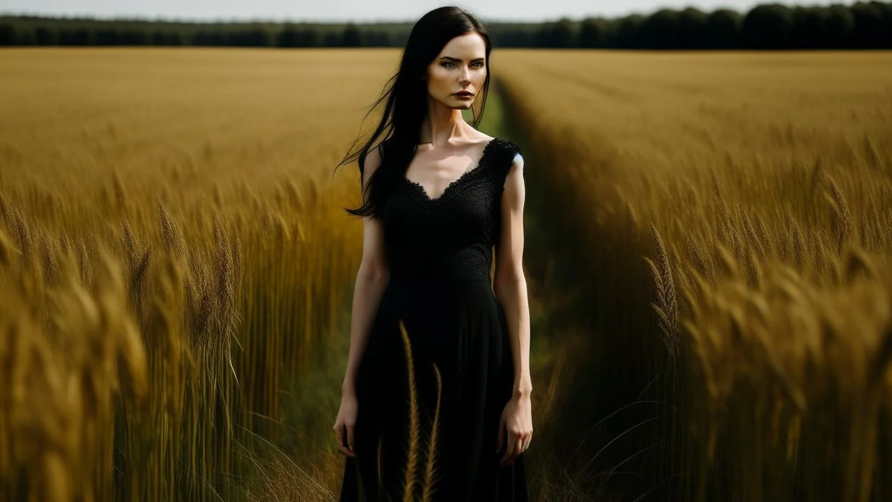 A young, dark-haired woman wearing a long black dress standing in a field of tall golden wheat