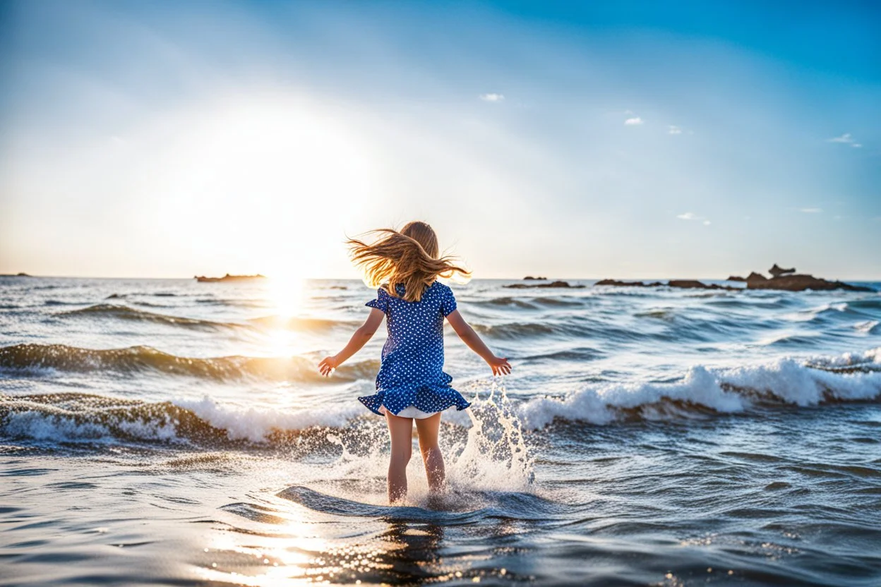 a 10 years old girl standing in seaside ,wavy water ,splash