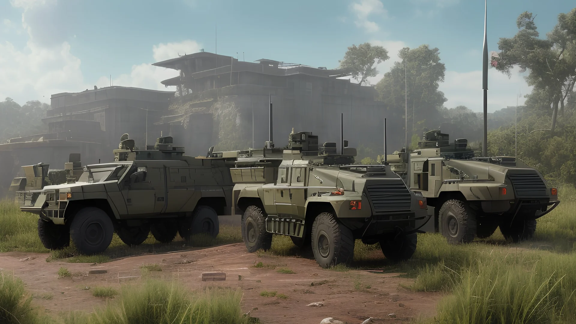 4K Photorealism: 3 missiles on top of a tropical military truck, detailed and clear curves, background of military vehicles being parked, lighting like photography