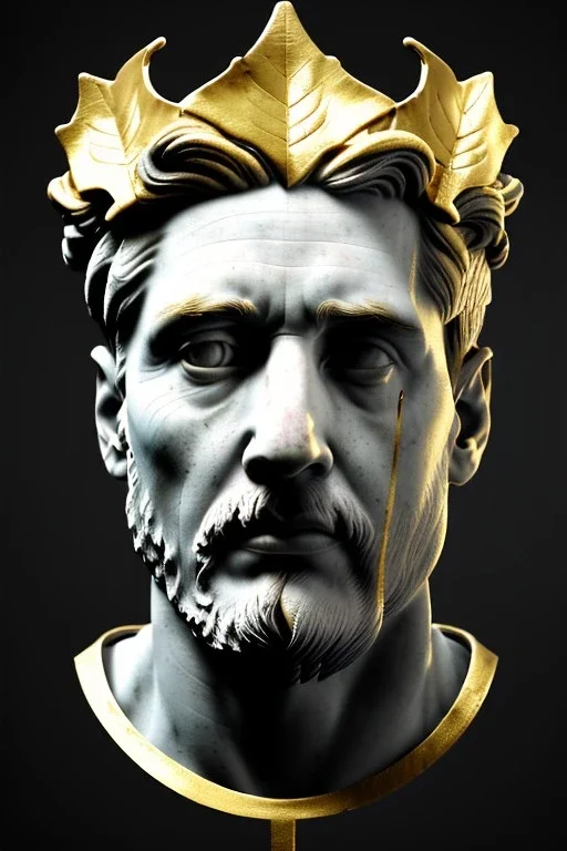 Ultra Realistic image, Roman sculpture, white marble material, Lionel Messi, gold Laurel leaves wreath, renaissance ornaments, one gold star in heart, marble and gold ornaments background, chisel style, waist up portrait, emperor style, epic, celestial, cinematic lighting, God light, god rays, 4k resolution, smooth details, ornate details, soft lighting, unreal engine 5, art station, substance 3d.