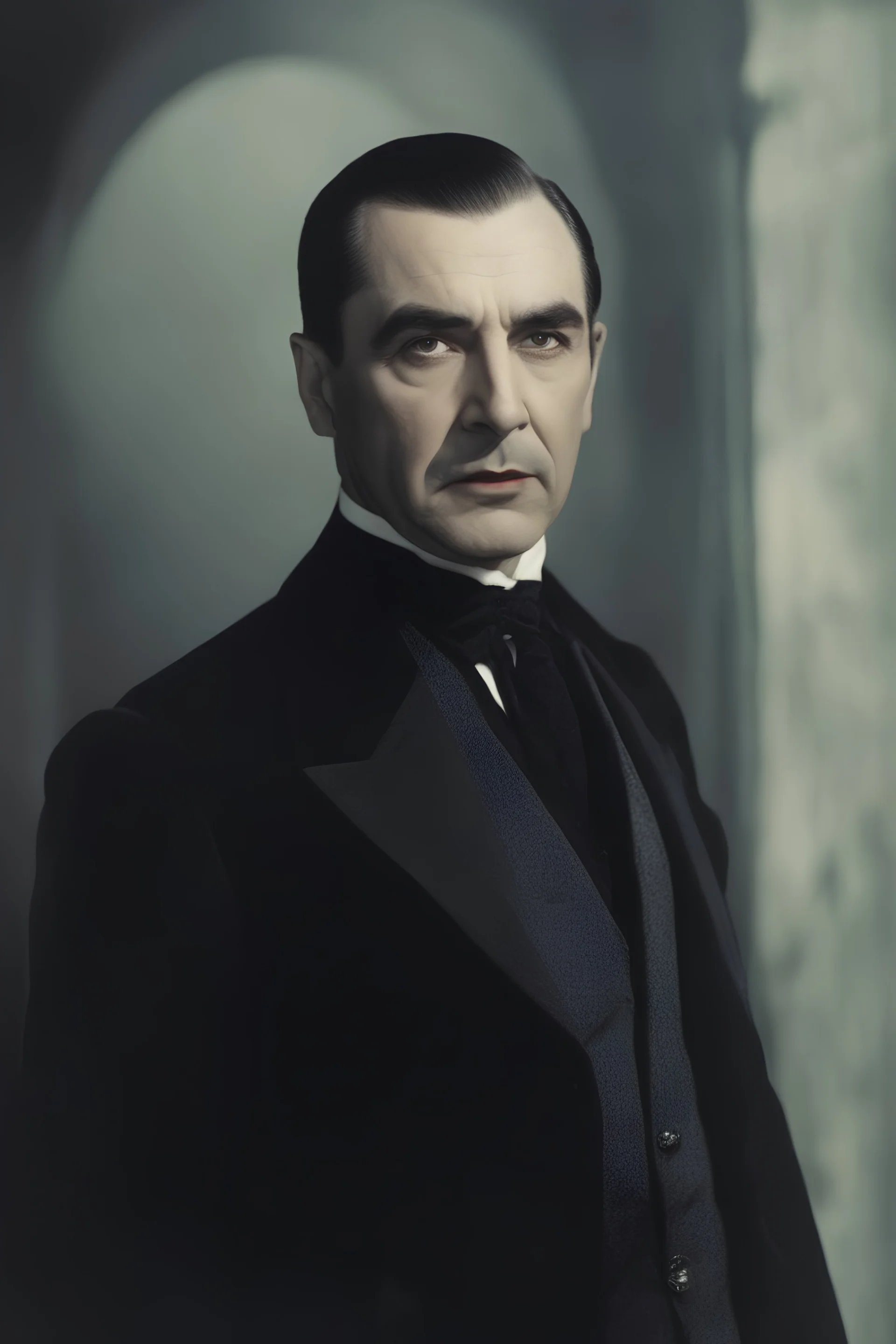 Bela Lugosi as Count Tothree - full color - 32k, UHD, 1080p, 8 x 10, glossy professional quality digital photograph - dark foggy gradated background, historic, powerful, octane rendering, exquisite detail, 30 - megapixel, 4k, 85 - mm - lens, sharp - focus, intricately - detailed, long exposure time, f8, ISO 100, shutter - speed 1125, diffuse - back - lighting, ((skin details, high detailed skin texture)),