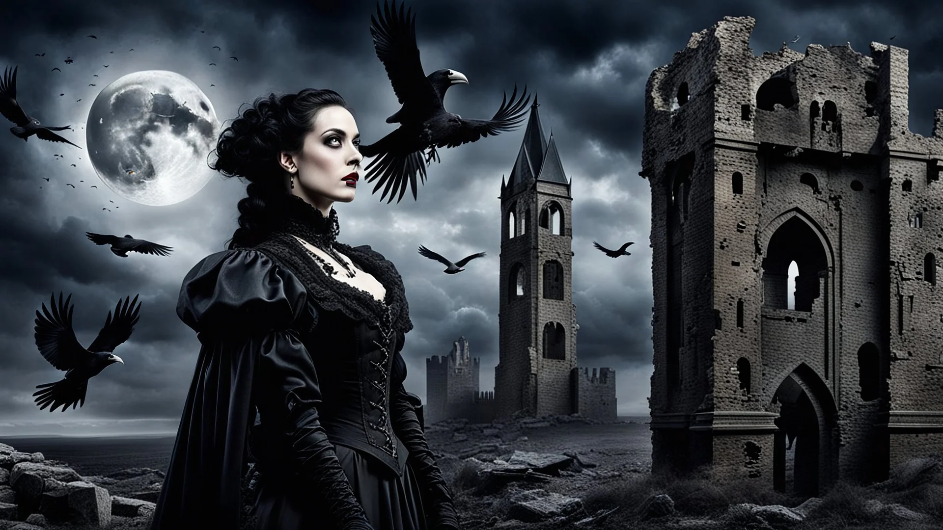 goth theme with victorian style woman, sharp focus, realistic, two raven, tower, ruin, moon, darkness, detalied materials, old wall, mystic, dark fantasy