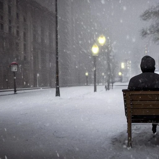 man sitting on a park bench wearing a trench coat, streets of new york covered in snow, dramatic, dramatic lighting, volumetric lighting, hyperrealism, 8k, high quality, photorealistic, lot of details