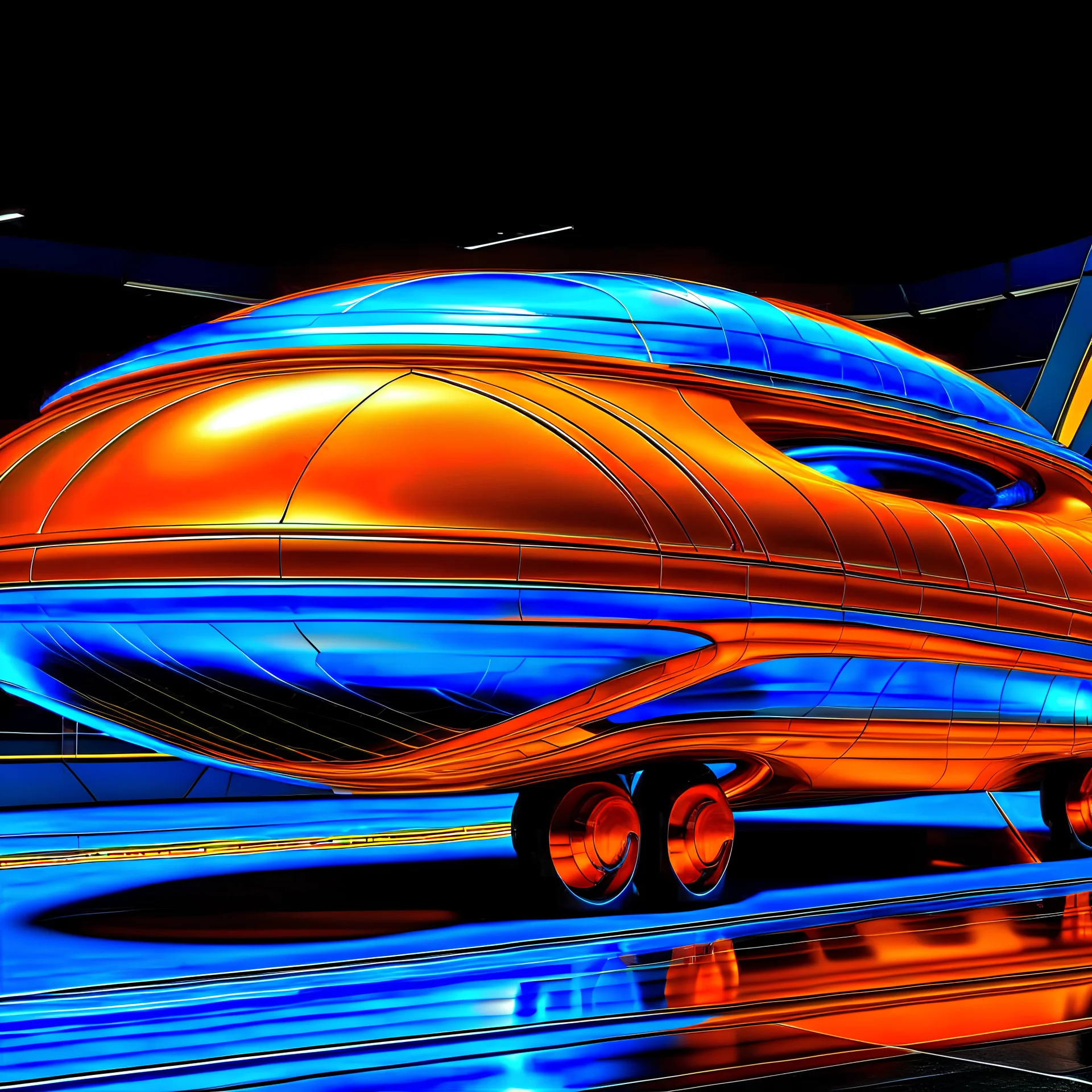 award winning car and driver photograph of a futuristic UFO station wagon designed by an unknown alien civilization, only one vehicle per image painted metallic orange traveling at a high rate of speed,the rear with bright blue flame, bilaterally symetrical