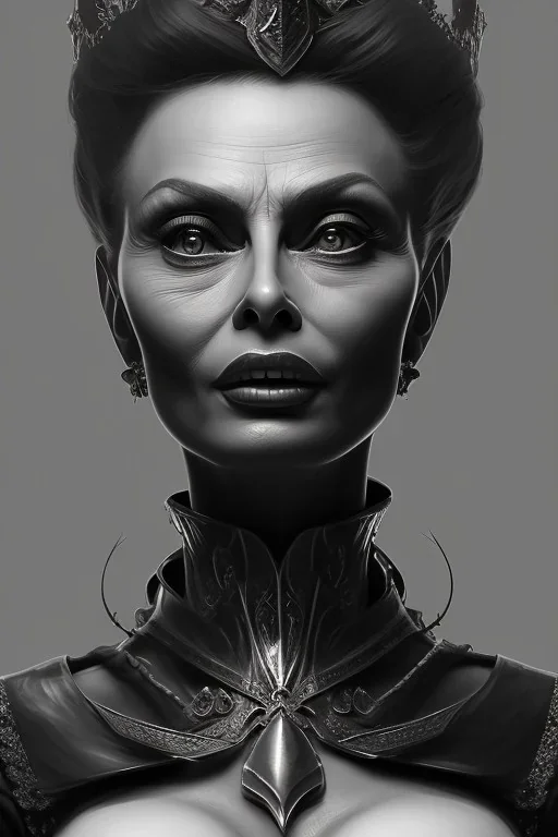 Sophia Loren as evil queen in black leather, cleavage, angry, stern look. character design by cory loftis, fenghua zhong, ryohei hase, ismail inceoglu and ruan jia. unreal engine 5, artistic lighting, highly detailed, photorealistic, fantasy