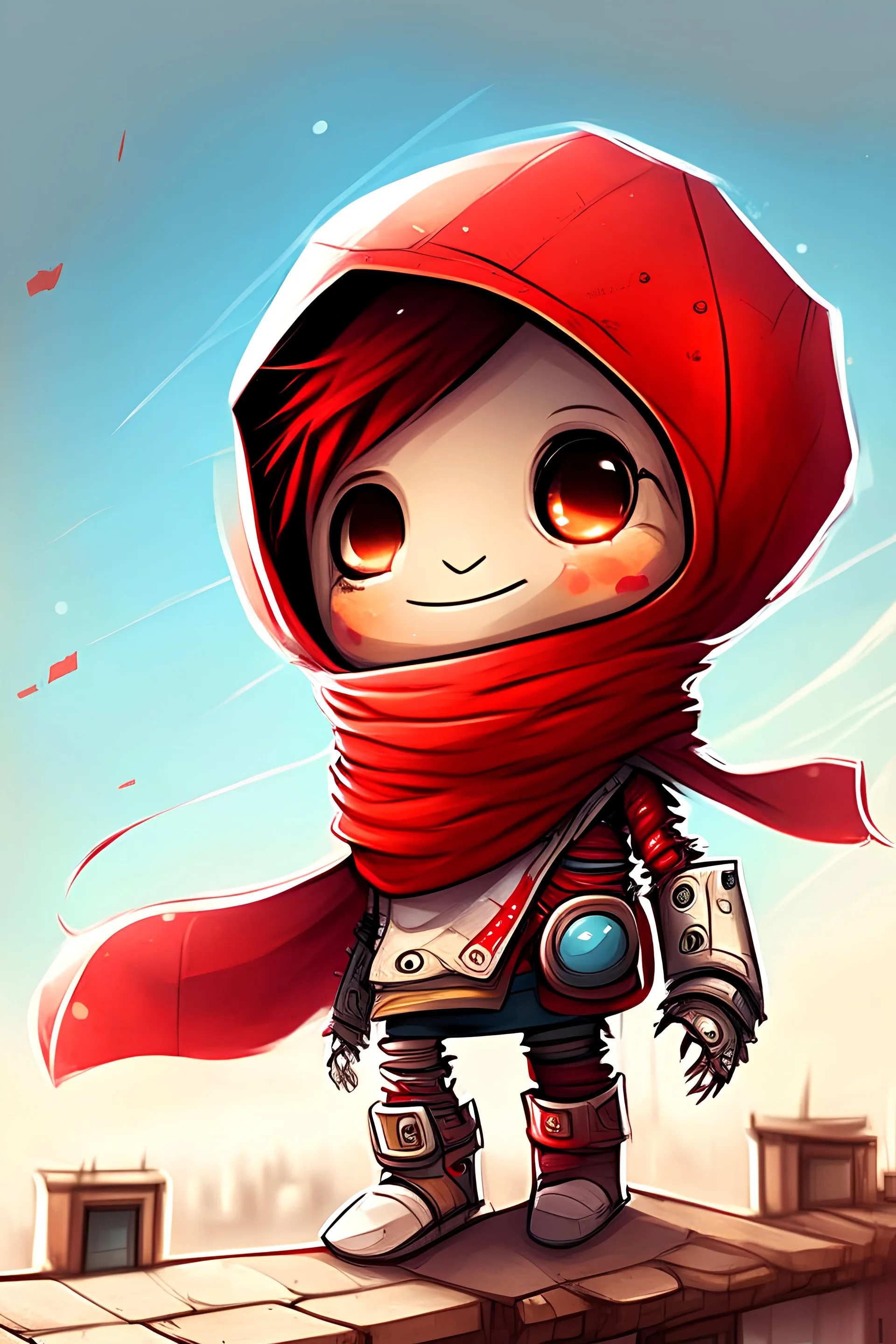 a cute smiling chibi face robot boy, teenager, long red scarf around his neck, landing on a roof top, a very long pencil in his hand, full body picture, ( perfect detail ), digital game style, fantasy look, colorful,