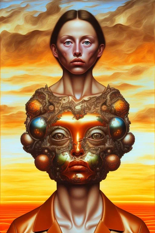 a painting of clouds in orange sunset, by lucian freud and botero, textured, anatomically correct, beautiful woman perfect face, green eyes, sharp focus, highly detailed. desolate background. the royal tenenbaums