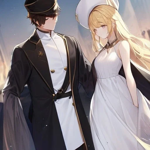 anime couple is standing back to back, female is wearing a flowing white dress, female is short, female has long blonde hair, male is tall, male is wearing black coat, hat and has dark brown hair, couple is standing with thier backs towards each other