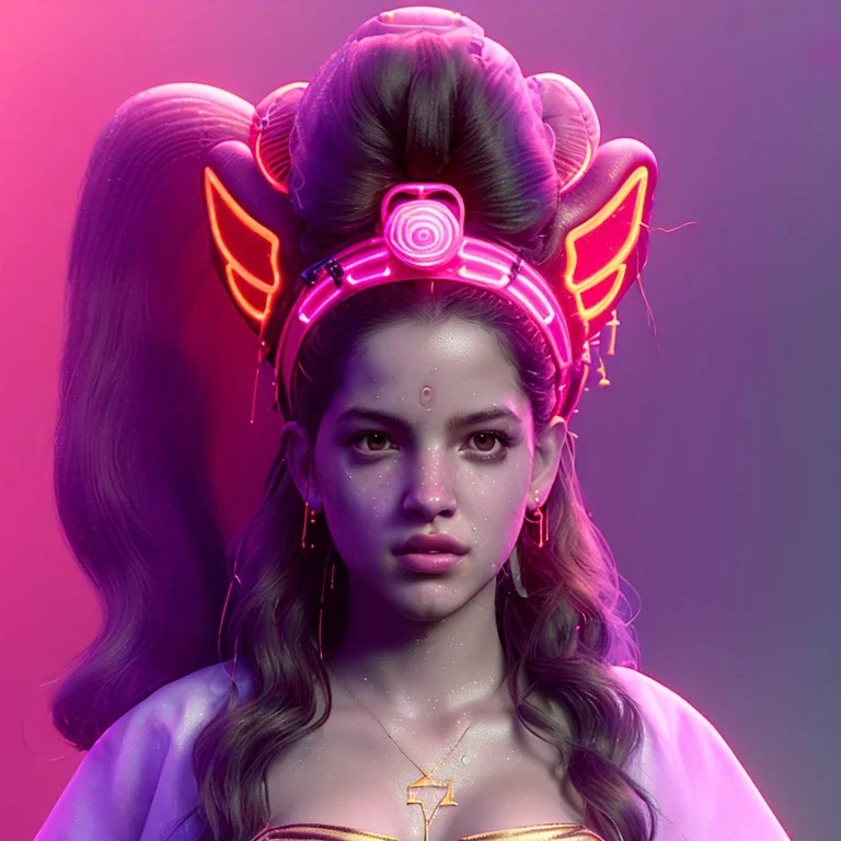 Rosalía artist, sweet teenager, gold, pink, geisha style, led lights, fog, rain, latex, vibrant color, highly detailed, art stations, concept art, smooth, unreal engine 5, god rays, ray tracing, RTX, lumen lighting, ultra detail, volumetric lighting, 3d, finely drawn, high definition, high resolution.