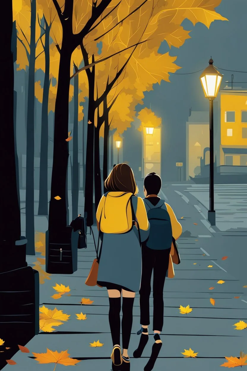 night yellow lights over the street trees autumn leaves under feet ,a Student adult girl with books in her hand walking in street looking to camera a boy walks after she few meters away her back