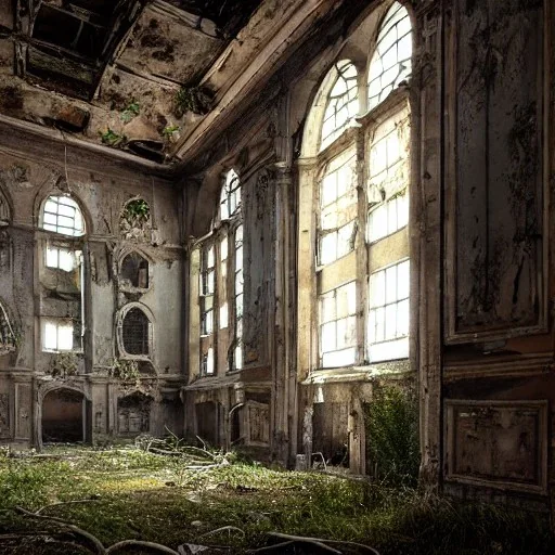 abandoned, two story building, crumbling, debris, weeds, overtaken by nature, 8k resolution, high-quality, elaborate, fine-detail, intricate, baroque, detailed matte, digital art, volumetric lighting, illustration, 3D octane render, brian froud, howard lyon, selina french, anna dittmann, annie stokes, lisa parker, greg rutowski