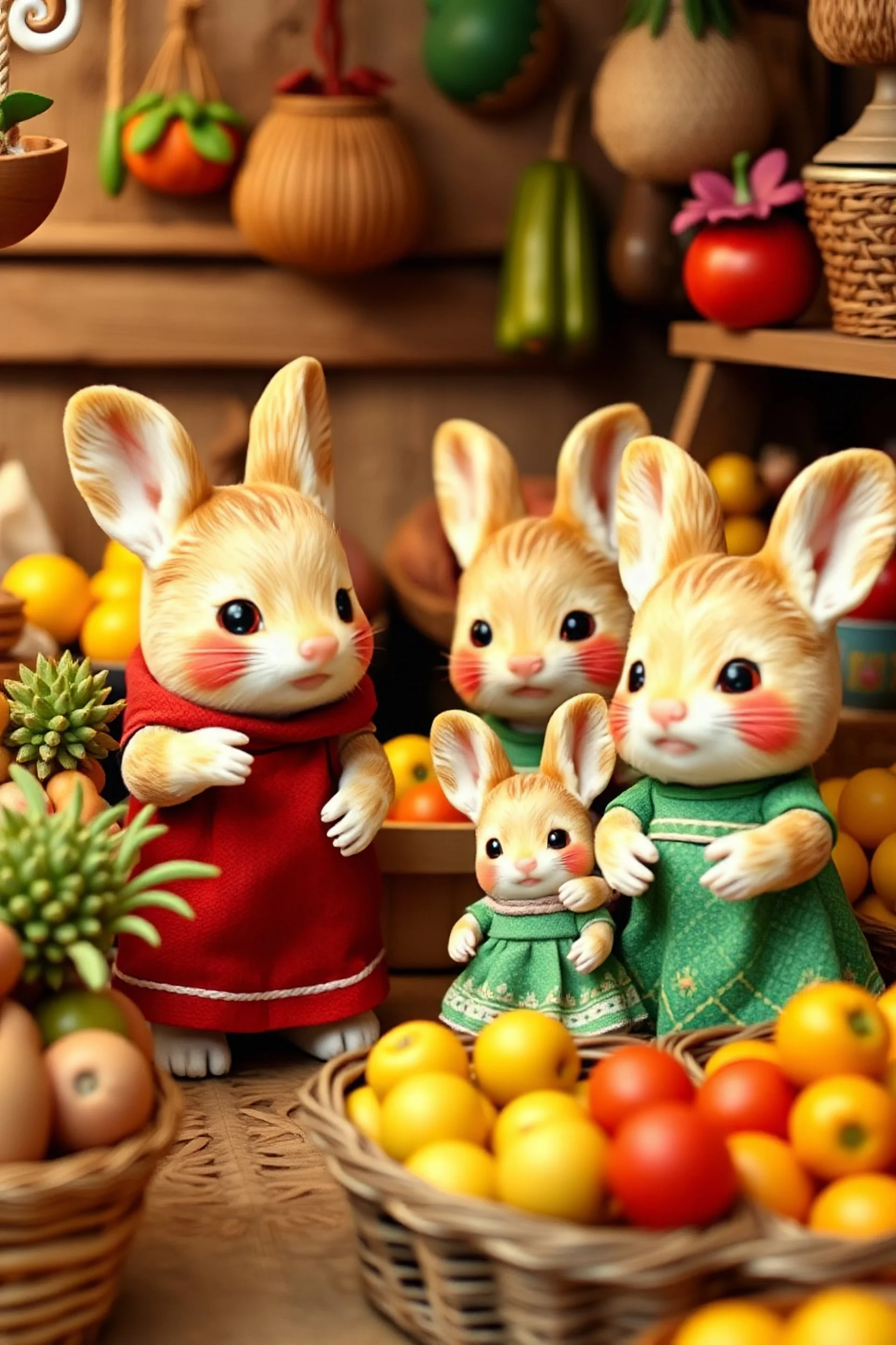 un sylvanian familie en un mercado mexicano vendiendo frutas