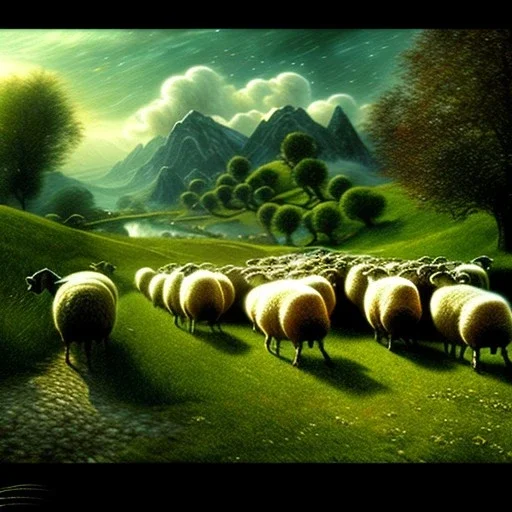 Epic Drawing of scenery with sheep of The LOTR estilo Van Gogh 4k