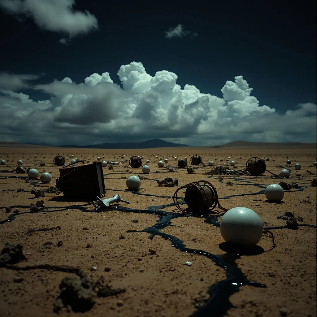 Photograph, objects scattered over an arid surface, night, clouds, tv studio, nothingness, close-up, in Yves Tanguy style, nightmare, highly hypermaximalist, details of the terrain very accentuated, 8k, deep 3d field, sharp, eerily mysterious, artistic photo, large format film, shot on Hasselblad, 33mm photography, mysterious, dark, rotten, macabre, streams of black liquid