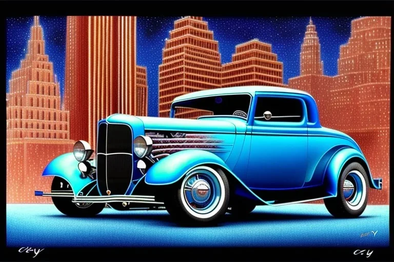 a true-to-life 1932 ford coupe deluxe, centered, intricate, extreme detailed, photorealism, center view, city background, pivot on ford, pen and color marker, painting by cheryl kelley