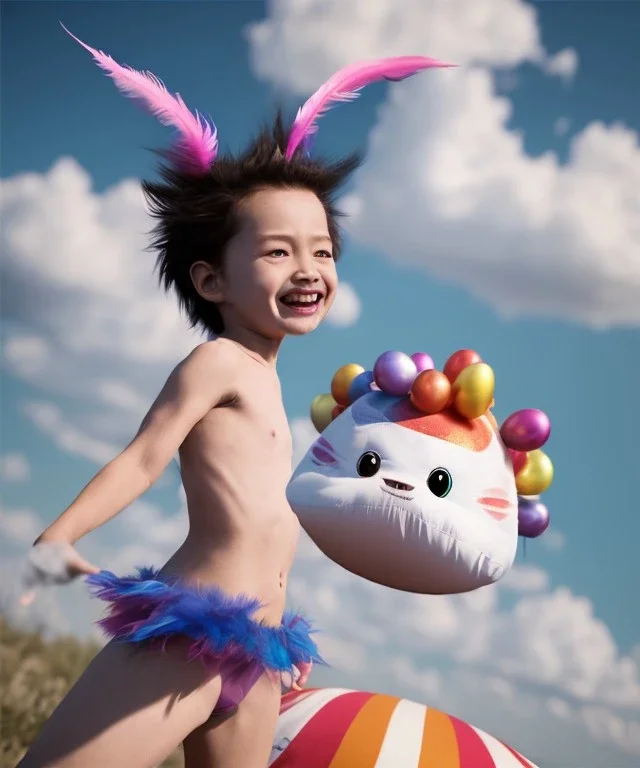 Ultra realistic speed clouds sky scene, wide angle view, child falling down with many Children background, inflatable monsters, circus dress style, feather color, free jumping flying, many trinkets, hair monster, many jelly beans, balls, color smoke, smile, happy, extreme, wind, clouds sea, 20,000 feet altitude, stratosphere, soft color, highly detailed, unreal engine 5, ray tracing, RTX, lumen lighting, ultra detail, volumetric lighting, 3d, finely drawn, high definition.