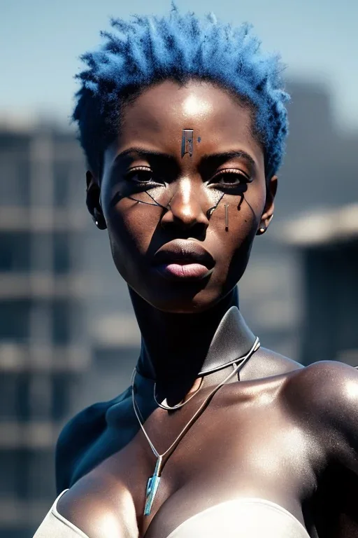 portrait,beautiful african robot, post-apocalyptic in a cyberpunk city, realistic, intriacte detail, sci-fi fantasy style, volumetric lighting, particales,highly detailed,cinamatic, deep