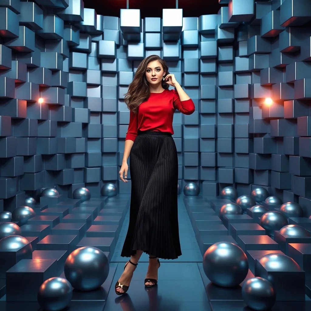 make a picture pretty stage made of metallic blue-gray teme 3d recursive cubic and sphere base structures and a beautiful fashion model lady posing with cute in black and white and the scene is in color,with dark red top and pretty pleated midi skirt ,makeup curvy long hair,dynamic camera zoom to full body and pan, dynamic lights.