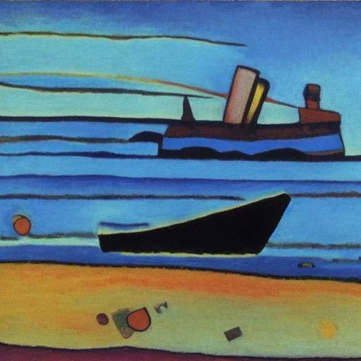 old tugboat on beach by kandinsky