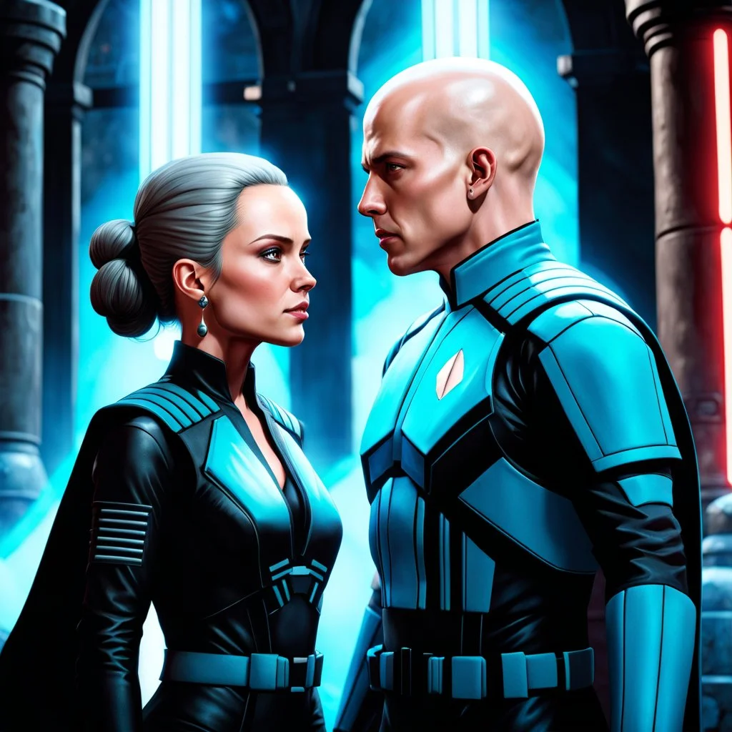 a bold and heroic bald male Corellian pilot in black and metallic grey First Order special forces gear meets a female Jedi Master in ancient, mystical temple, hyperdetailed, dynamic lighting, hyperdetailed background, 8k resolution, volumetric lighting, light skin, fully symmetric details