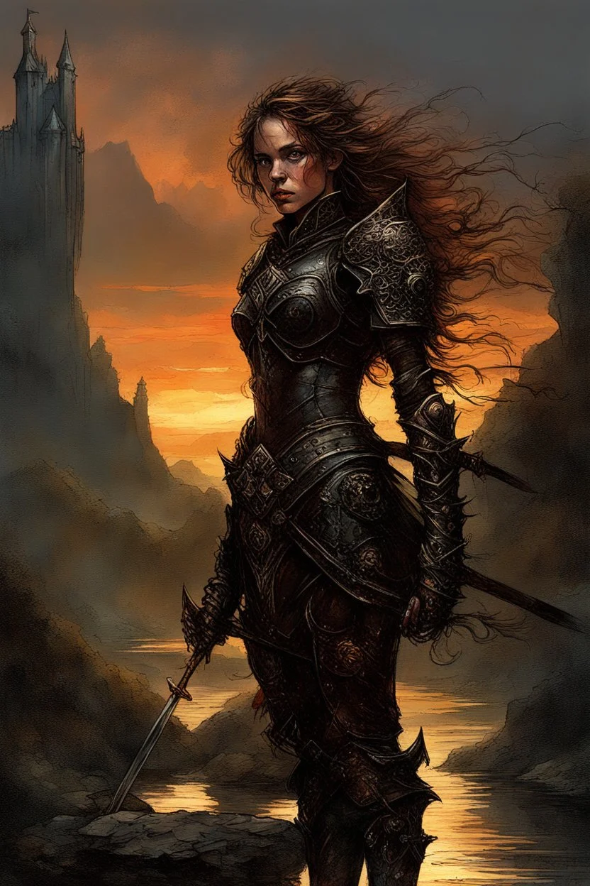 A formidable warrior girl in black armor, on the background Amazing gloomy landscape, flooded with sunset, mountains, trees, fabulous scary hero, , juicy emotions, painting, dark fantasy, gloomy day, dark world, portrait, Gothic Town At Night, Fantasy, Intricate Details, Castle Courtyard Gardens, Hyper Detailed, Jean Baptiste Monge, Carne Griffiths, Michael Garmash, Seb Mckinnon, Masterpiece