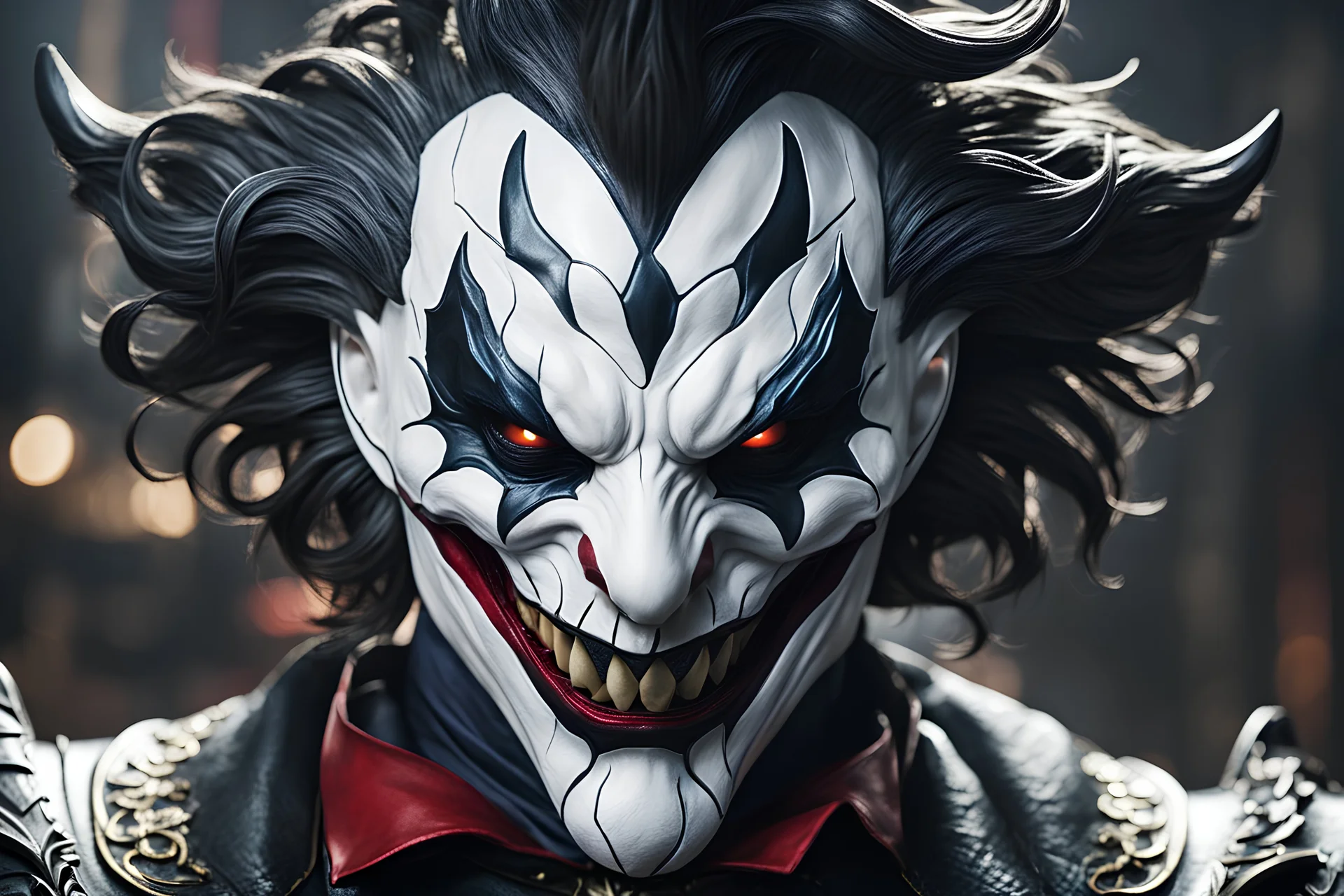 Shaco venom in 8k live action artstyle, white clown mask, close picture, intricate details, highly detailed, high details, detailed portrait, masterpiece,ultra detailed, ultra quality